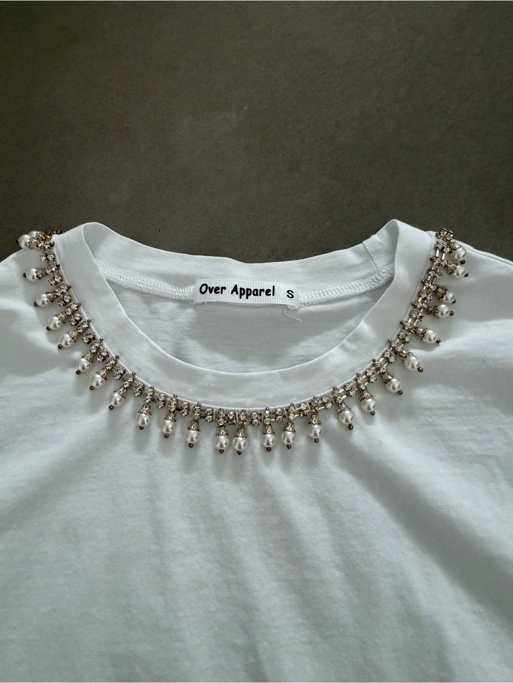 White Pearl & Crystal Embellished Short Sleeve Tee